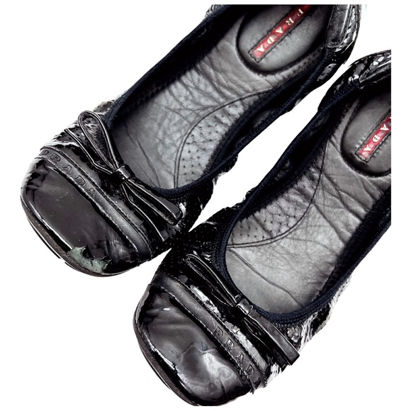 Prada | Black Patent Leather Ballet Flats w/ Logo Soles | Size 37 - Picture 10 of 10